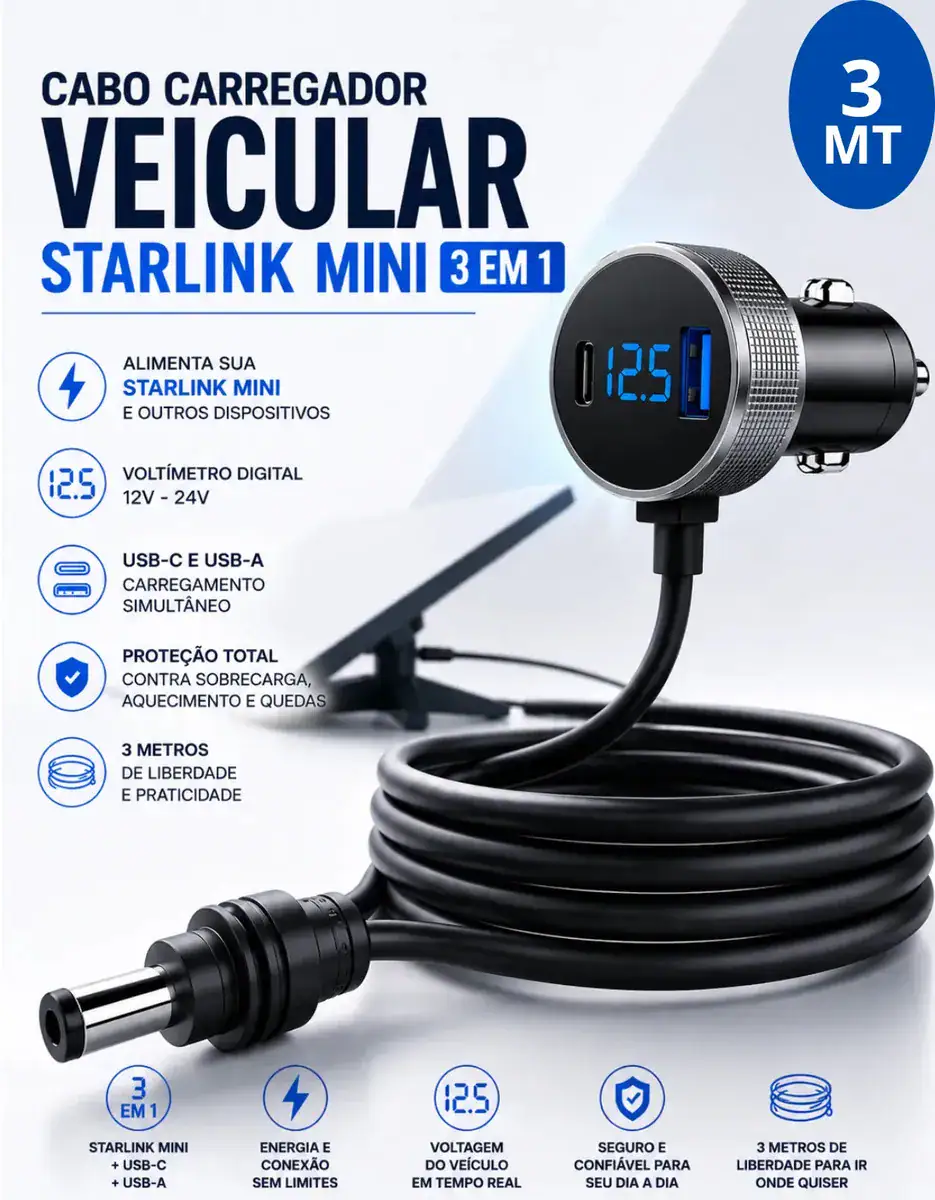 Cabo Carregador Starlink Mini 3 Em 1 Veicular 3 Metros Tomada Acendedor Voltímetro Digital Usb-c Usb-a Compativel Carro Caminhão Motorhome Barco 12v 24v Ice Coorel - Imagem 6