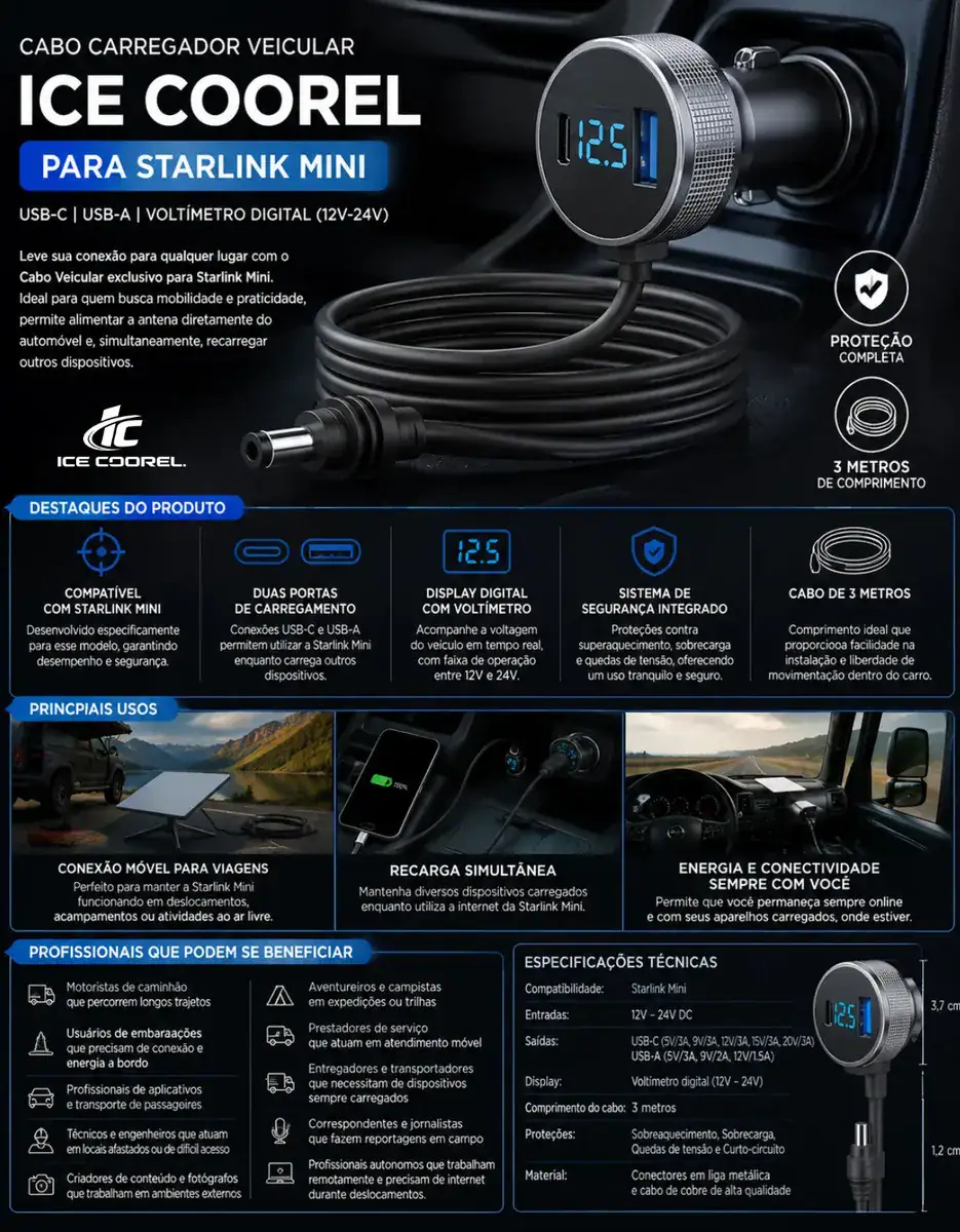 Cabo Carregador Starlink Mini 3 Em 1 Veicular 3 Metros Tomada Acendedor Voltímetro Digital Usb-c Usb-a Compativel Carro Caminhão Motorhome Barco 12v 24v Ice Coorel - Imagem 3