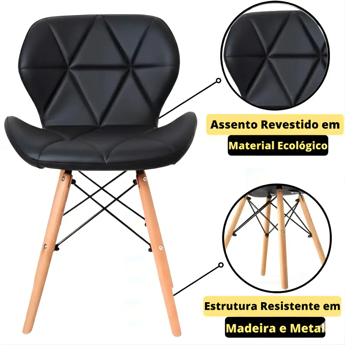 Cadeira Eiffel Estofada Preta Base Madeira Design Eagle Forc