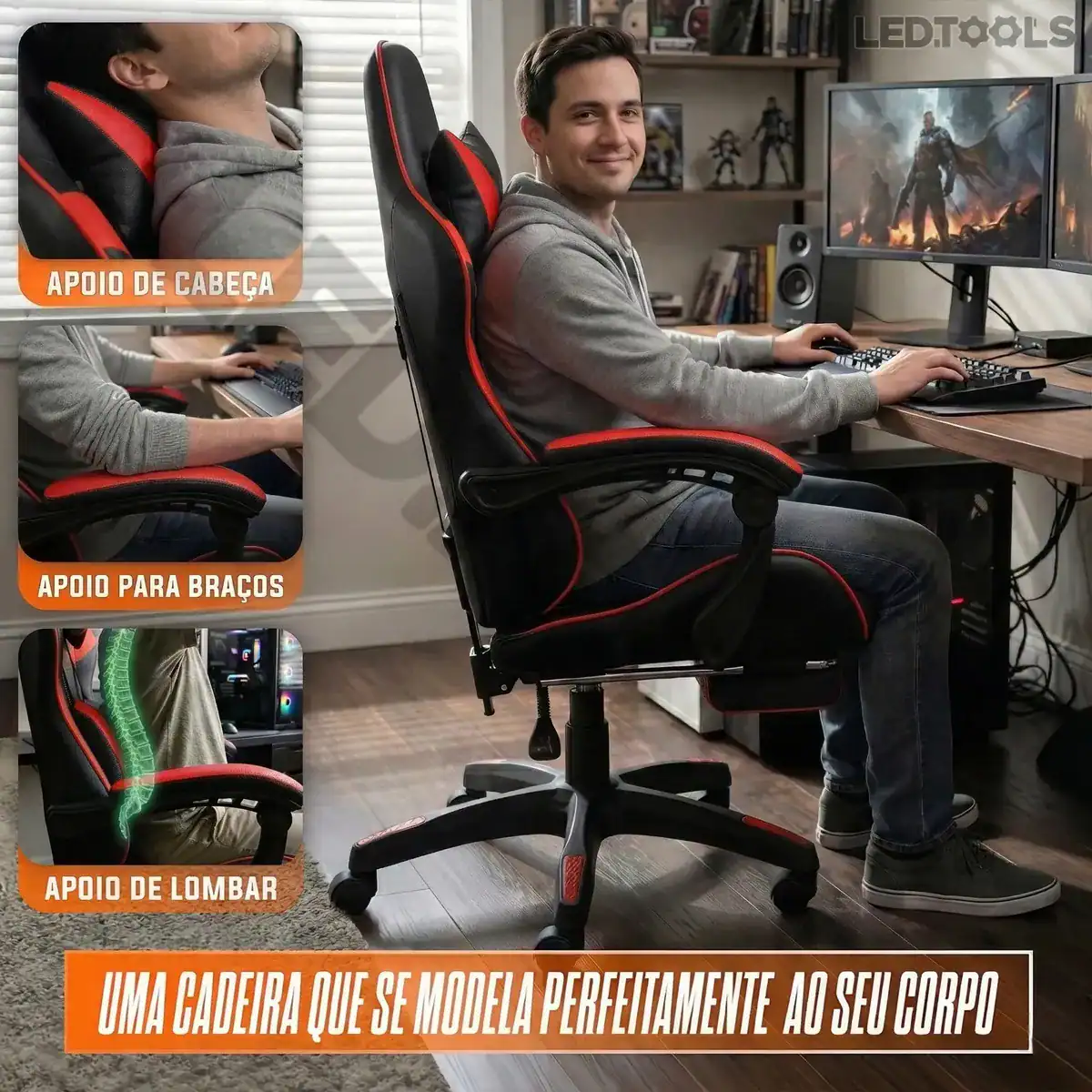 Cadeira Gamer Premium Escritório Confortável Giratória 360º Reclinável Setup Jogos Cor Vermelho - Imagem 4