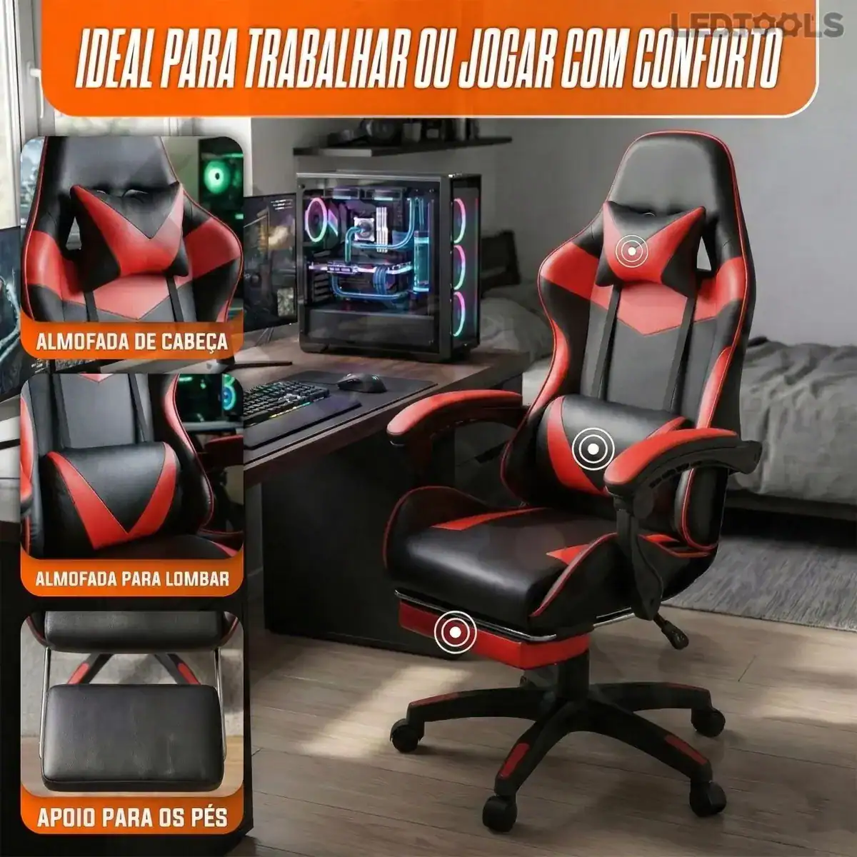 Cadeira Gamer Premium Escritório Confortável Giratória 360º Reclinável Setup Jogos Cor Vermelho - Imagem 5