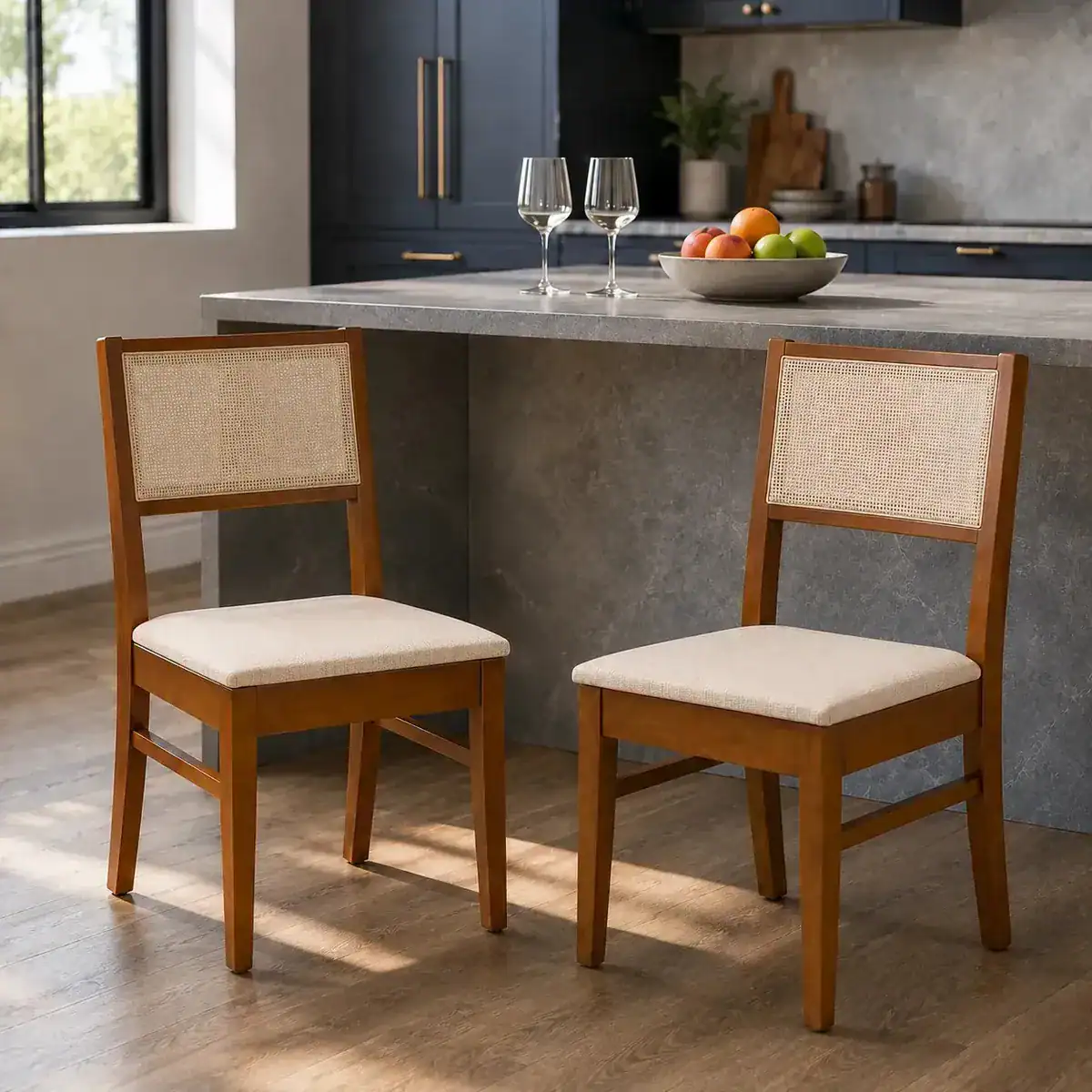 Kit Conjunto 2 Cadeiras Sala De Jantar Cozinha Varanda Madeira Maciça Eucalipto Roma Encosto Tela Clássica Assento Estofado Elegante Conforto Linho Espuma D23 Firme Resistente Já Montada Bege Lessul