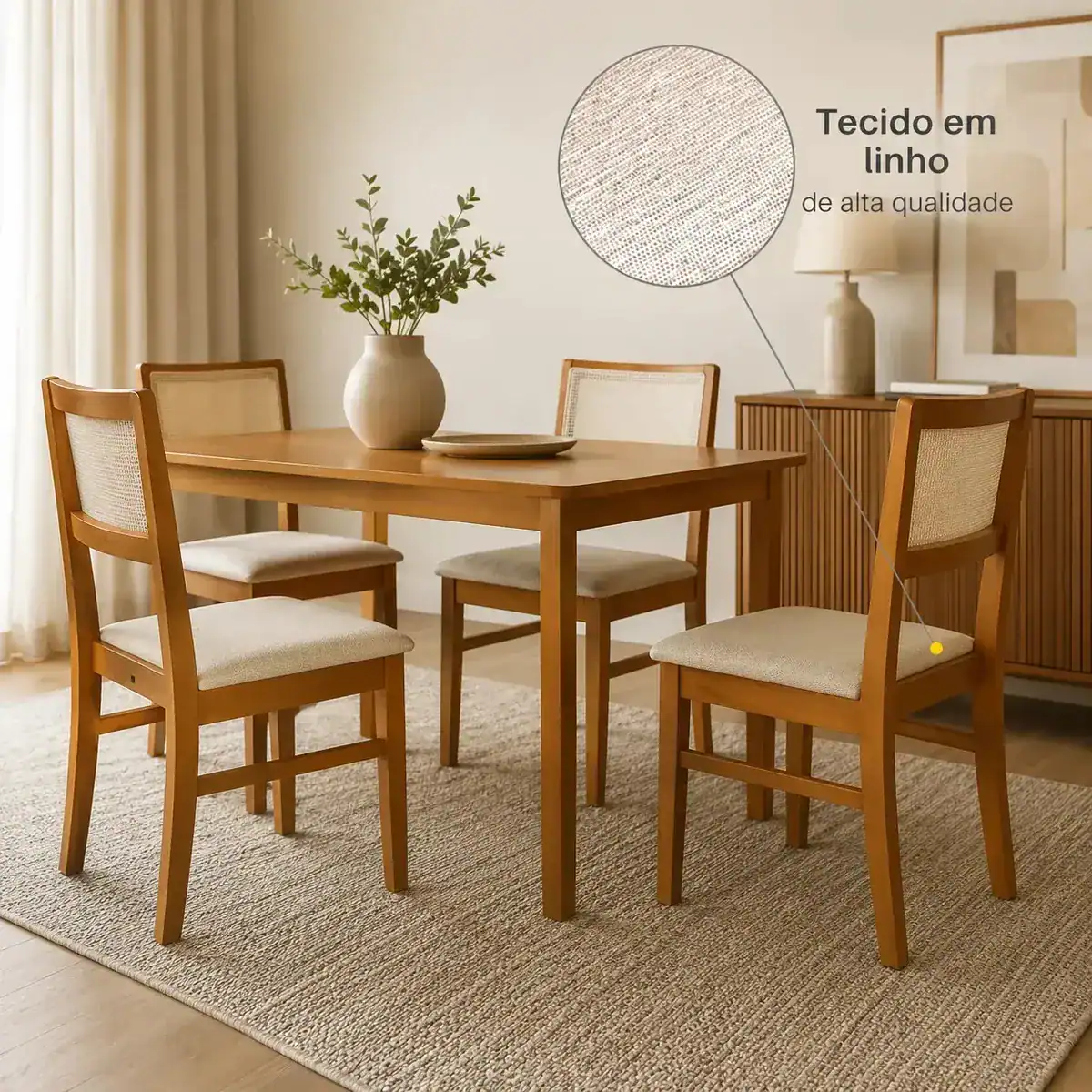 Kit Conjunto 2 Cadeiras Sala De Jantar Cozinha Varanda Madeira Maciça Eucalipto Roma Encosto Tela Clássica Assento Estofado Elegante Conforto Linho Espuma D23 Firme Resistente Já Montada Bege Lessul - Imagem 2