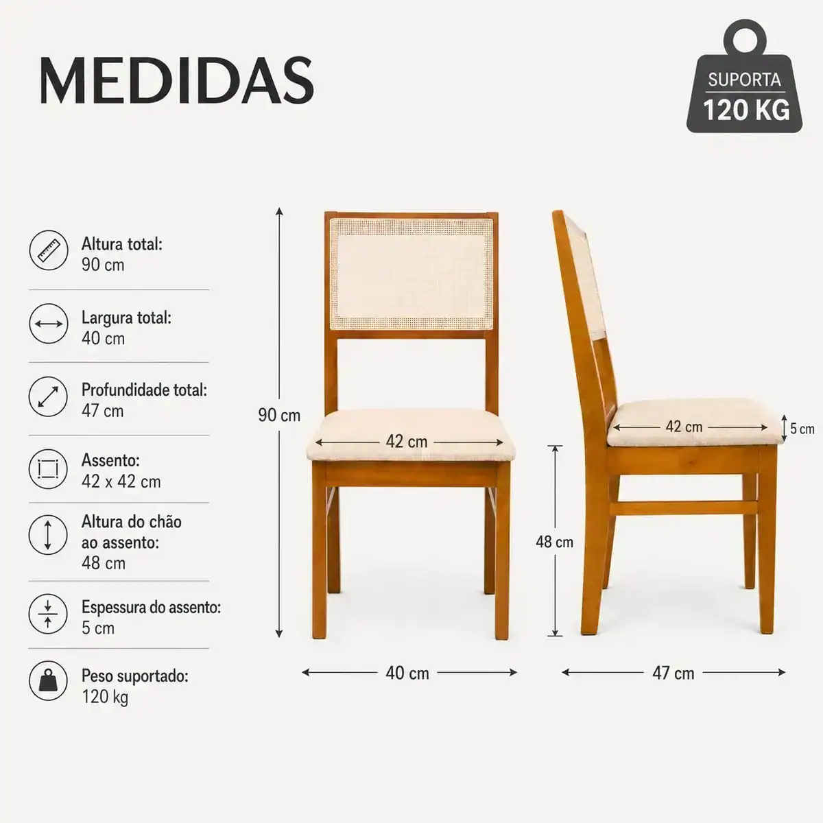 Kit Conjunto 2 Cadeiras Sala De Jantar Cozinha Varanda Madeira Maciça Eucalipto Roma Encosto Tela Clássica Assento Estofado Elegante Conforto Linho Espuma D23 Firme Resistente Já Montada Bege Lessul - Imagem 4