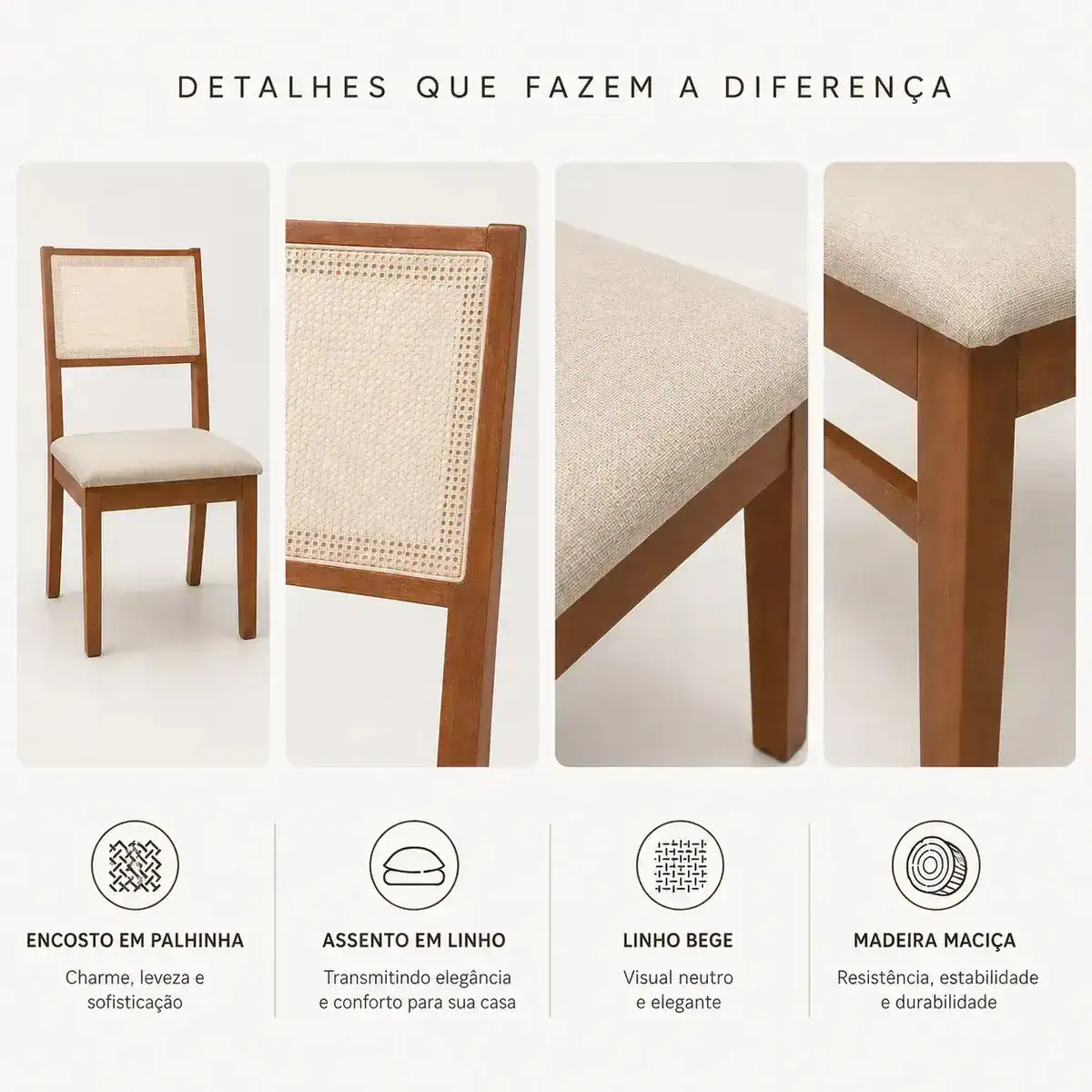 Kit Conjunto 2 Cadeiras Sala De Jantar Cozinha Varanda Madeira Maciça Eucalipto Roma Encosto Tela Clássica Assento Estofado Elegante Conforto Linho Espuma D23 Firme Resistente Já Montada Bege Lessul - Imagem 5