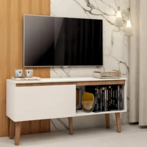 Rack Para Sala Branco Retrô 130cm Madeira Para Tv Até 50 Pol Berlin 107cm