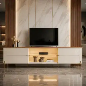 Rack Bancada Suporta Tv Até 75 Com Led 180 Design Moderno Sofisticado Brasília 791 Mobler Off White Canela Sala Moderna